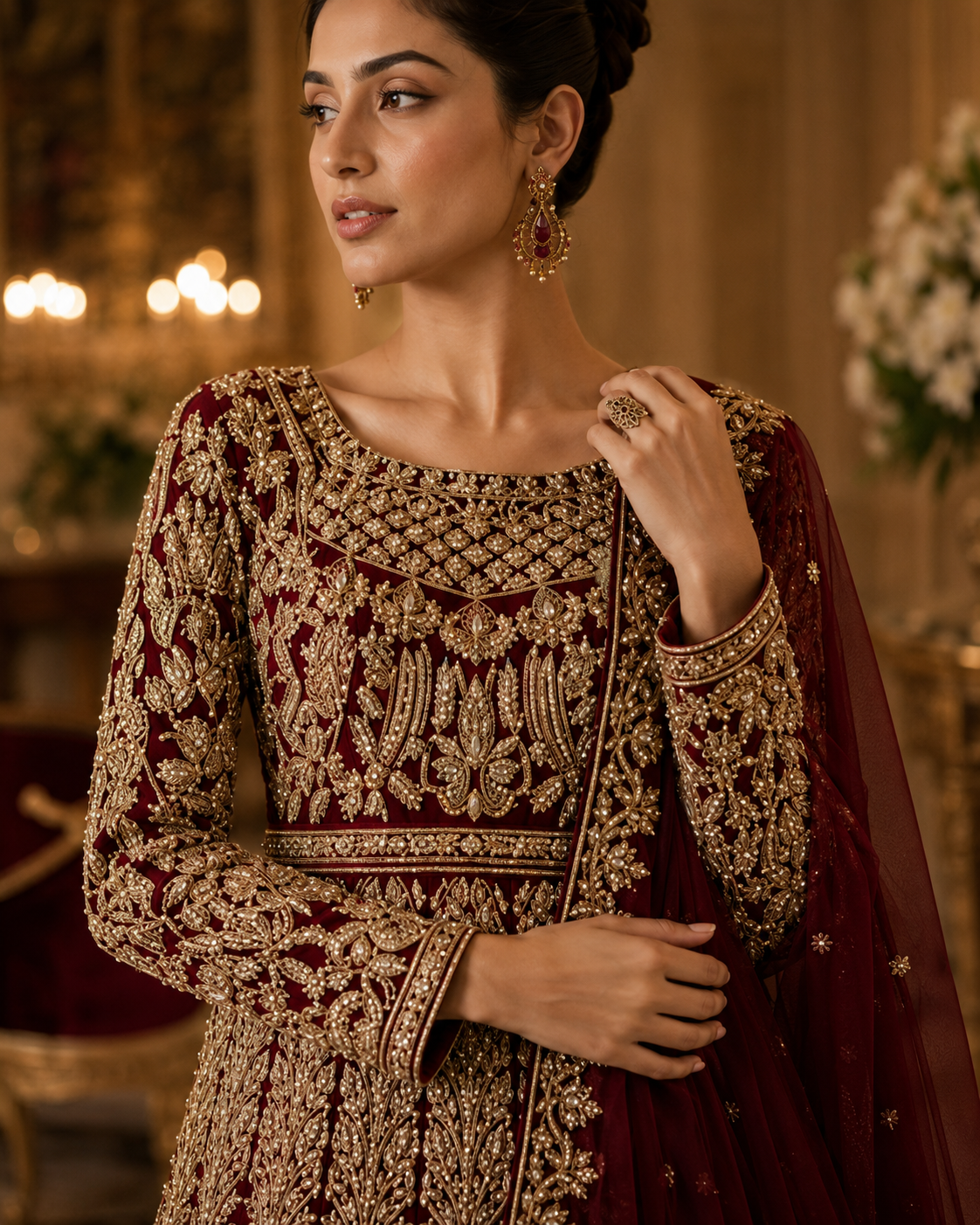 Gul-e-Zar deep maroon premium gown front view