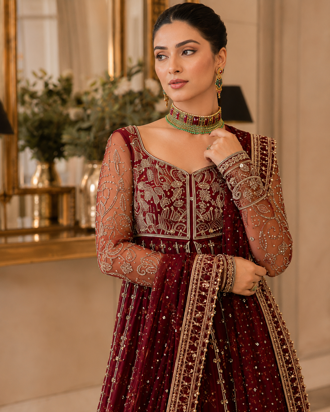 Mehroze deep wine premium ensemble front view