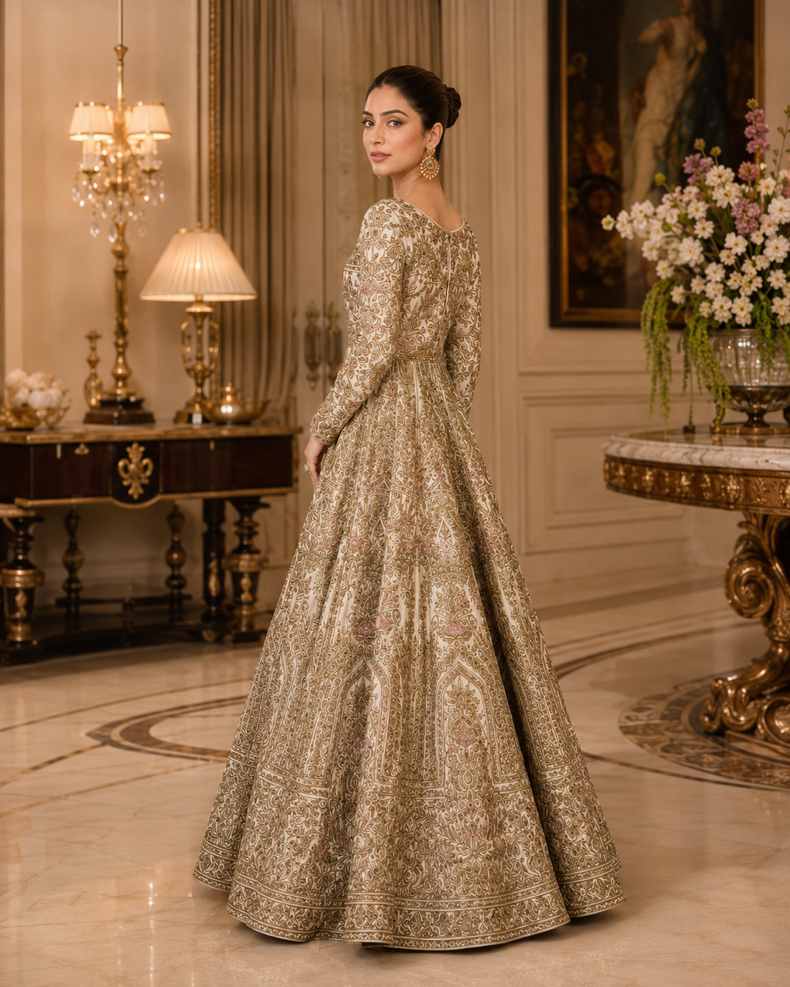 Zar-Afreen ivory and gold premium gown front view